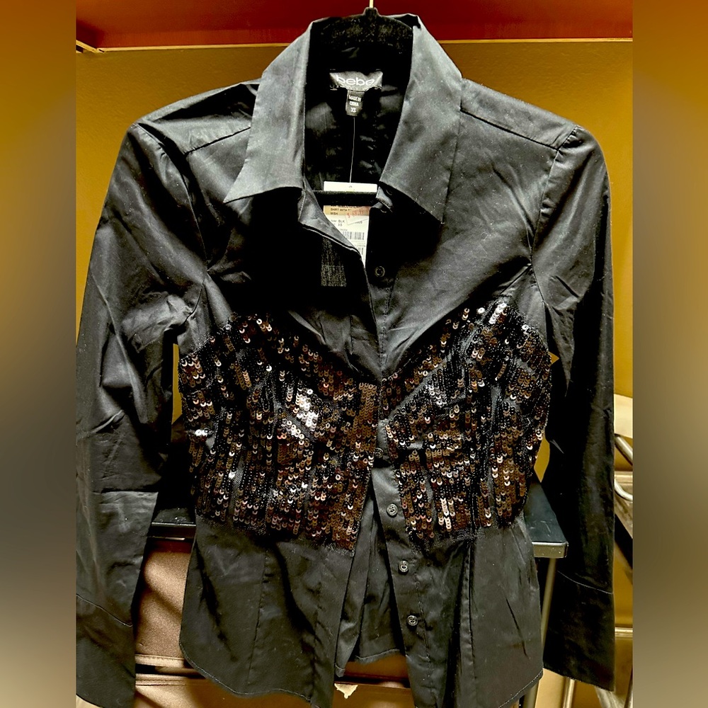 New Bebe black sequin button up shirt